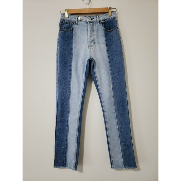 PacSun Womens Two Tone Distressed Mom Jeans Blue Cotton Button Fly Raw Hem 25/26 - Picture 2 of 11